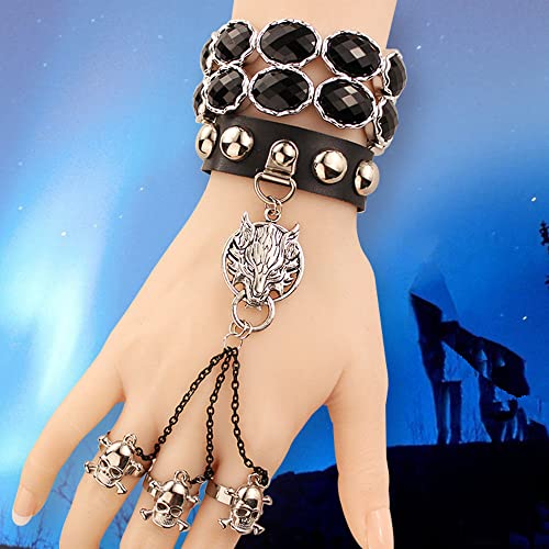 Sither Black Bracelet com anel para mulheres e homens Child Halloween punk pulseira de couro preto com anéis de esqueleto Jóias para