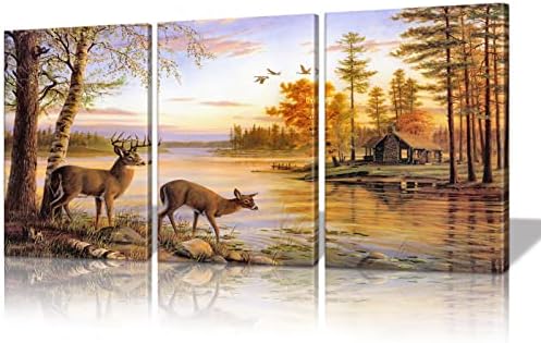 Decoração de arte da parede de veados para sala de estar 3 painéis de outono fazenda paisagem pintura de parede obra de arte emoldurada
