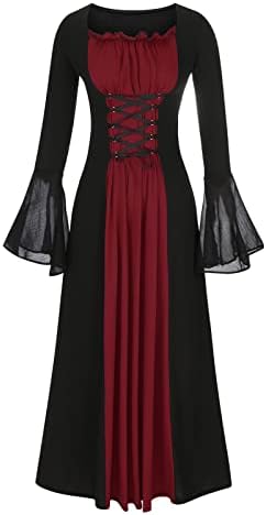 Mulheres vestido gótico Lace Up Mesh Bell Sleeve Dress for Women Medieval Witch Traje Vintage Long Dress