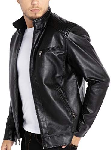 Wulful Men's Stand Collar Leather Jacket Motorcycle