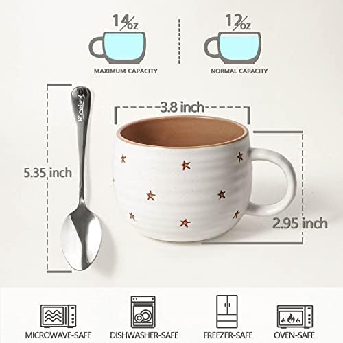 Wareland Made Caneca de café com colheres de aço inoxidável, caneca de sopa de 14 onças, xícaras de café Cerâmica e aprimorador