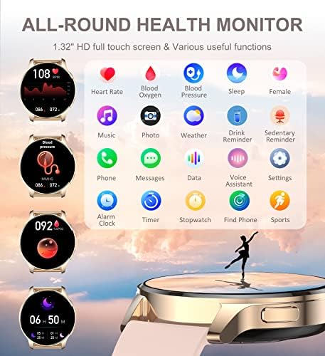 Iaret Smart Watch for Women, Bluetooth Call Fitness Tracker para Android e IOS Telefones Smartwatch Smart à prova d'água com 1,32 HD Touch Screen AI Controle de voz Freqüência cardíaca Pedômetro Monitor do sono